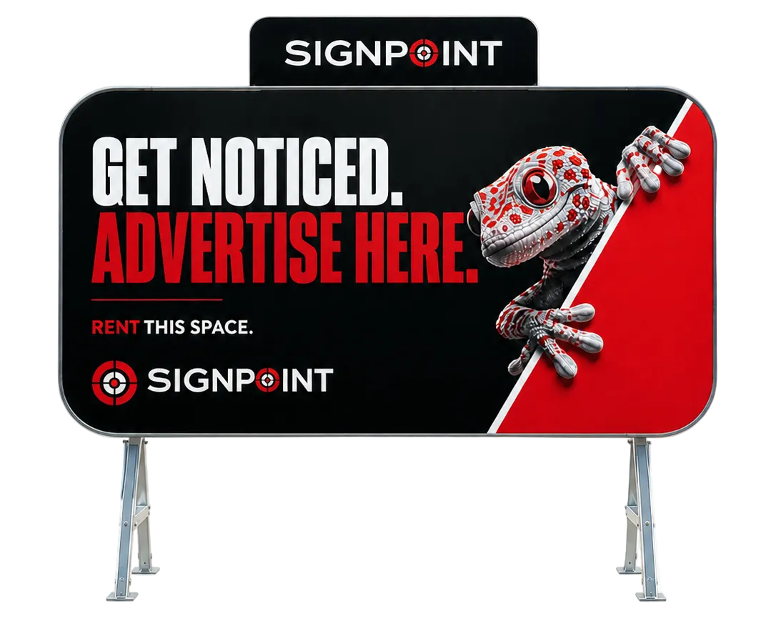 Advertisement sign with a red and white character and 'Get Noticed. Advertise Here.' text, featuring Signpoint branding.